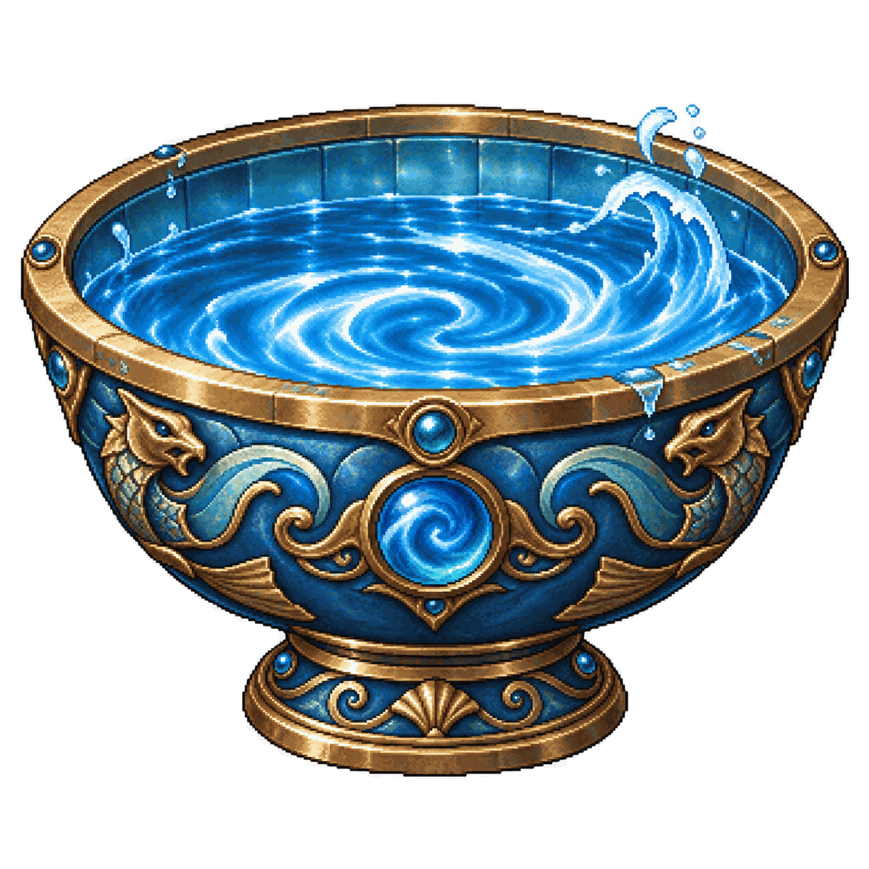 Static high-resolution pixel-art illustration of Bowl of Commanding Water Elementals.