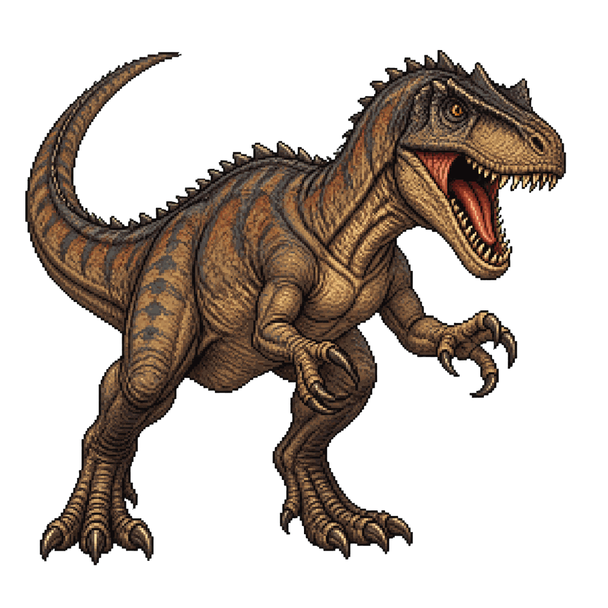 Static high-resolution pixel-art portrait of Allosaurus.