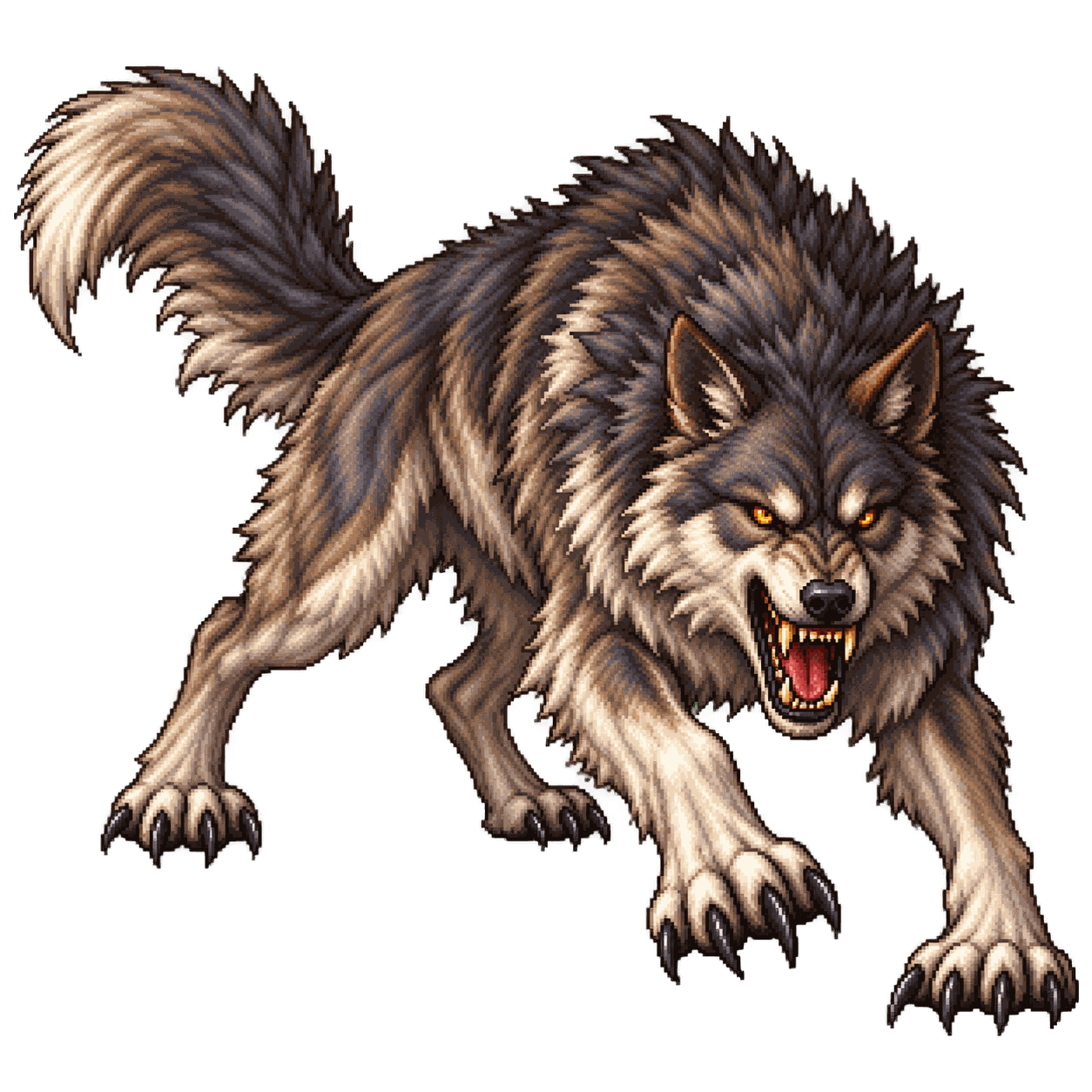 Static high-resolution pixel-art portrait of Dire Wolf.