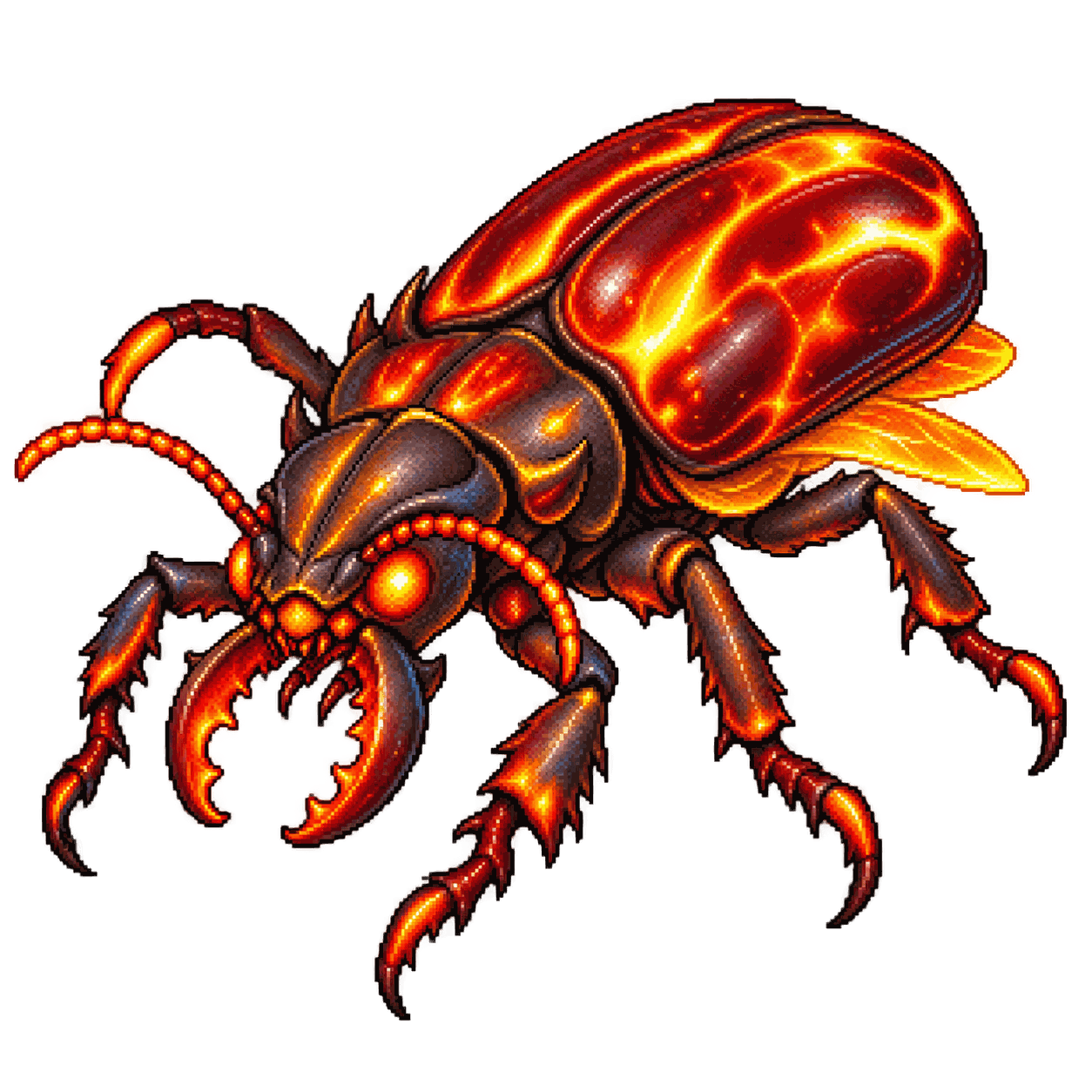 Static high-resolution pixel-art portrait of Giant Fire Beetle.