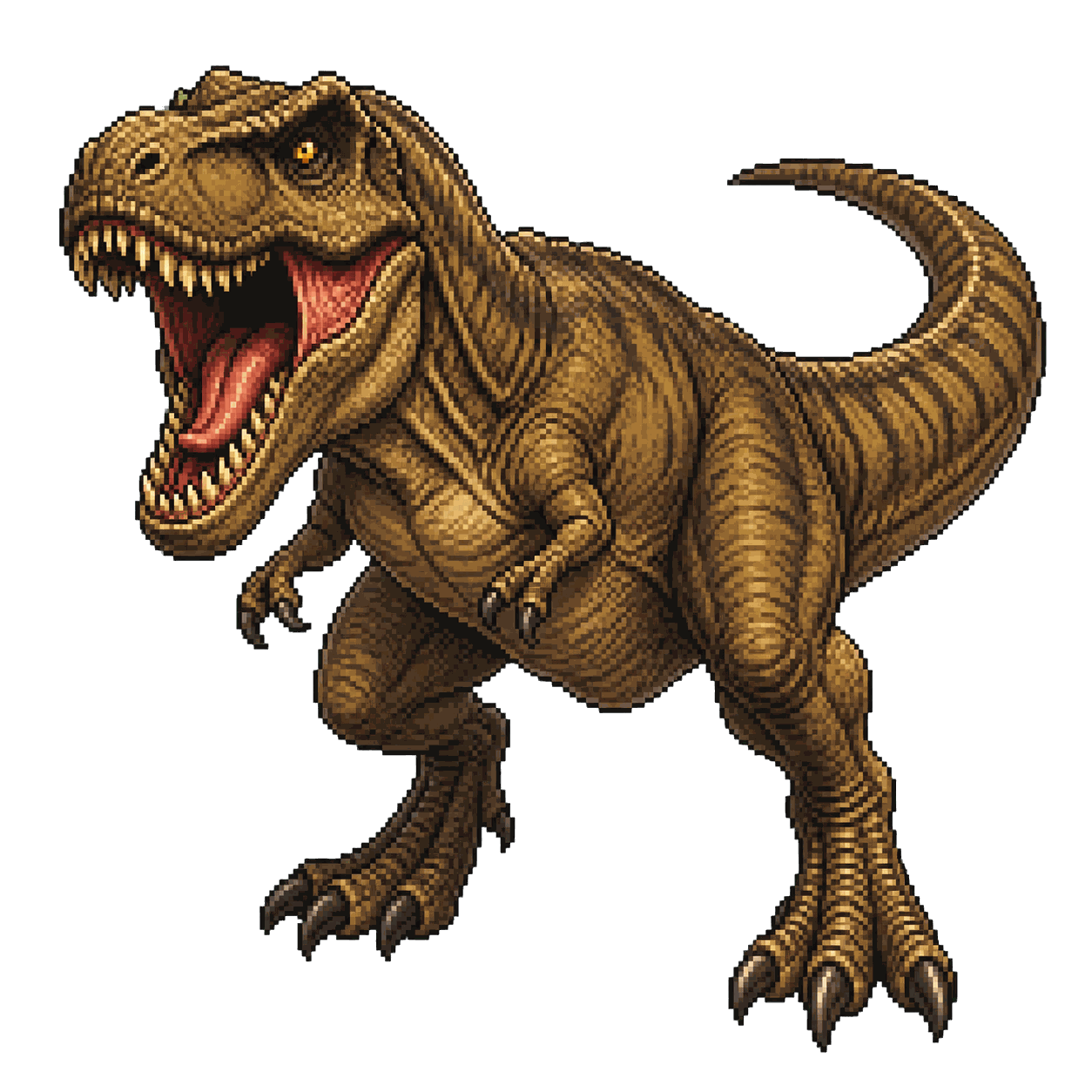 Static high-resolution pixel-art portrait of Tyrannosaurus Rex.
