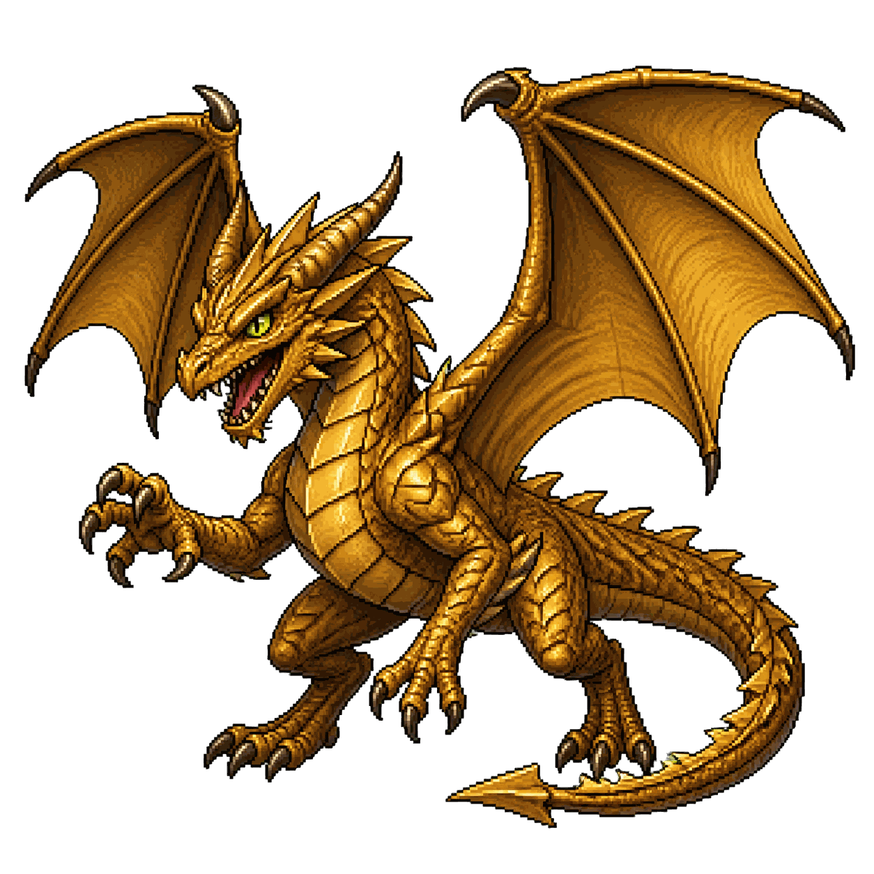 Static high-resolution pixel-art portrait of Brass Dragon Wyrmling.