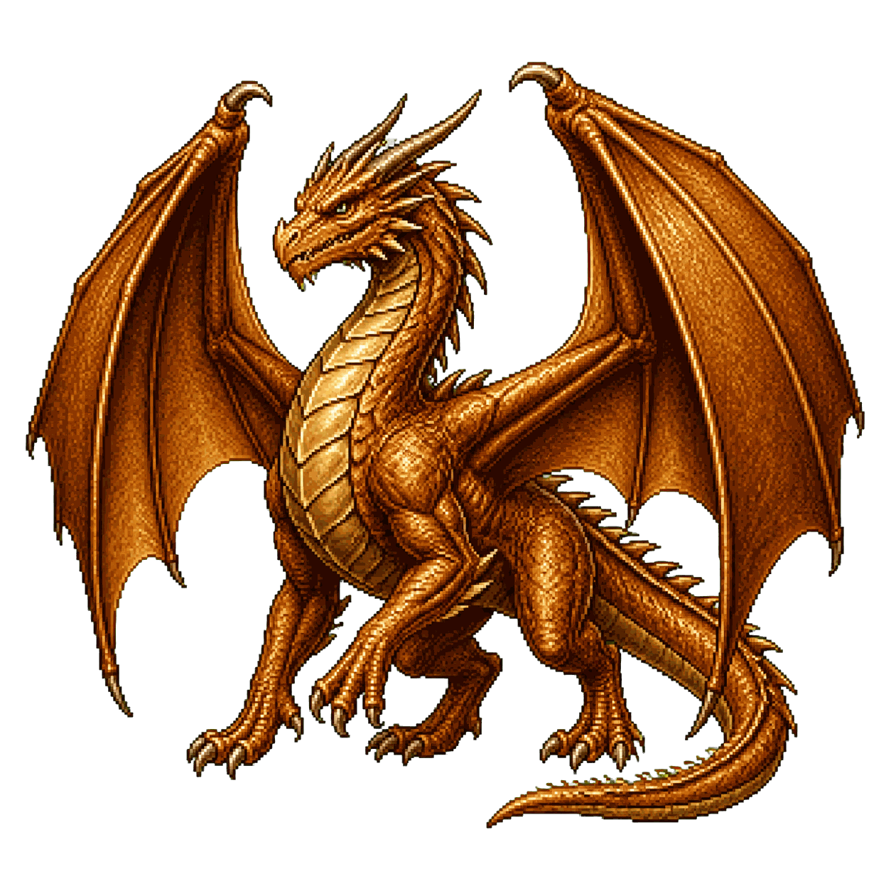 Static high-resolution pixel-art portrait of Adult Copper Dragon.