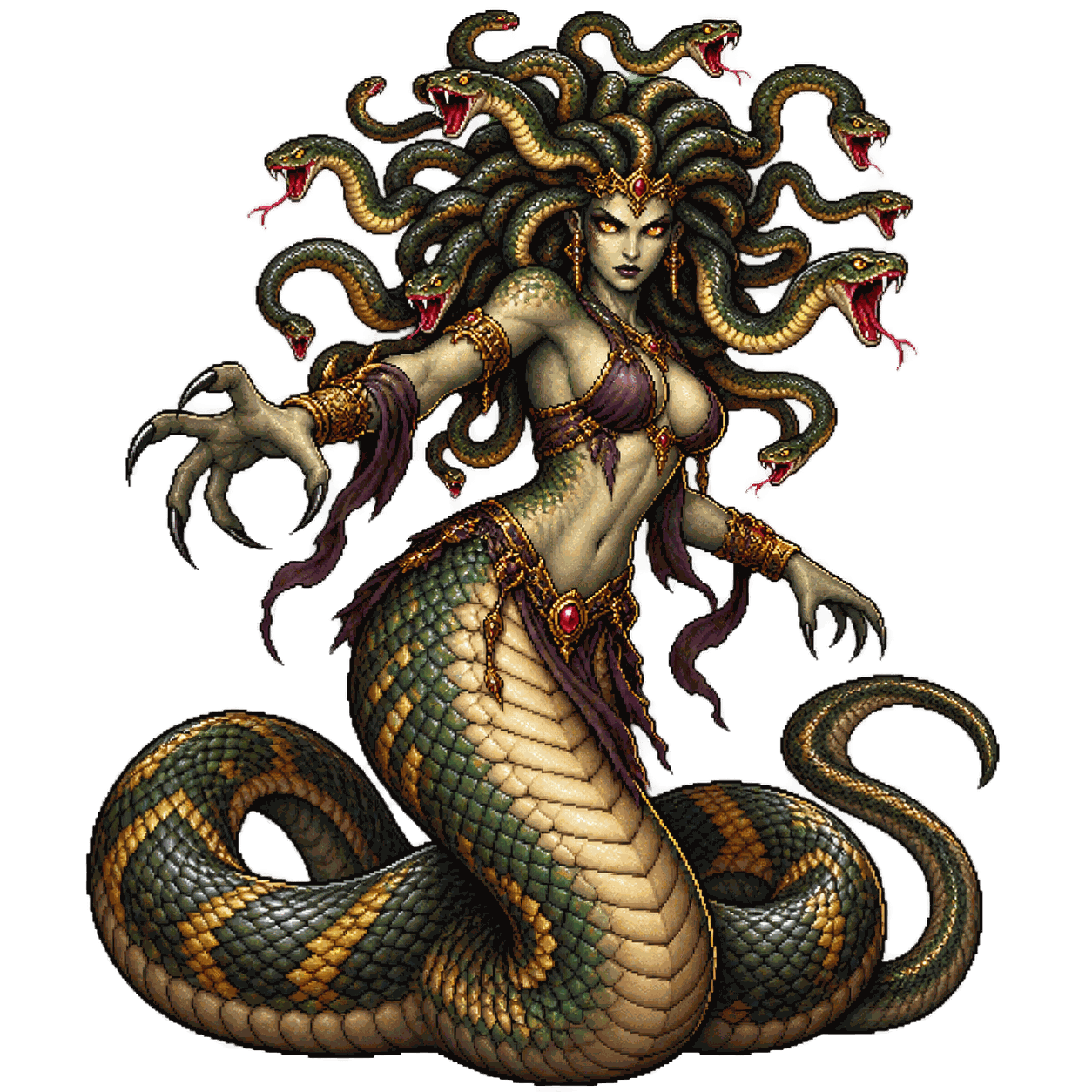 Static high-resolution pixel-art portrait of Medusa.