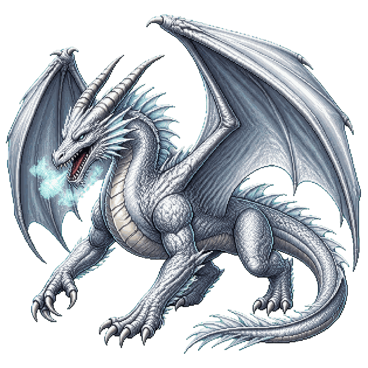 Static high-resolution pixel-art portrait of Adult Silver Dragon.