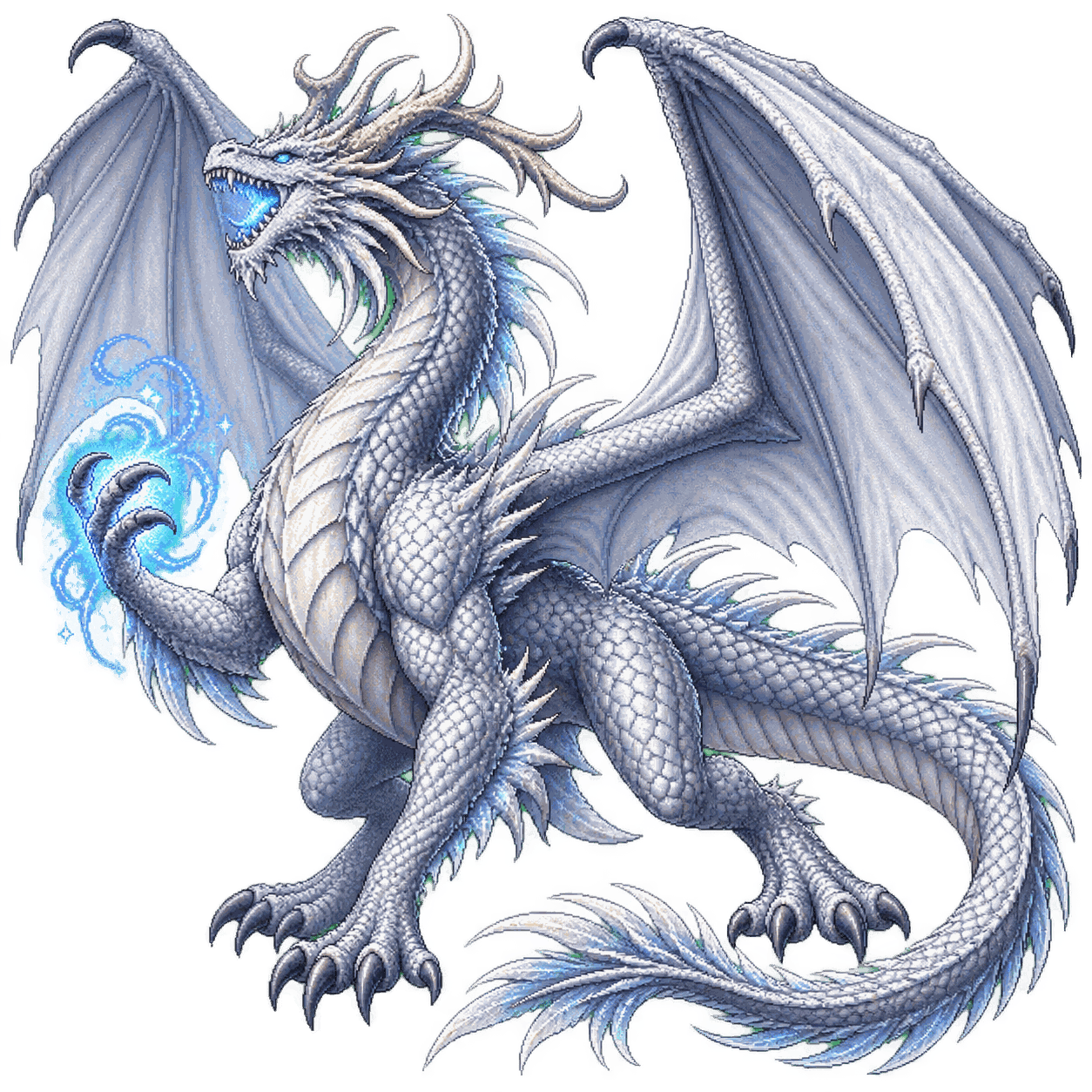 Static high-resolution pixel-art portrait of Ancient Silver Dragon.