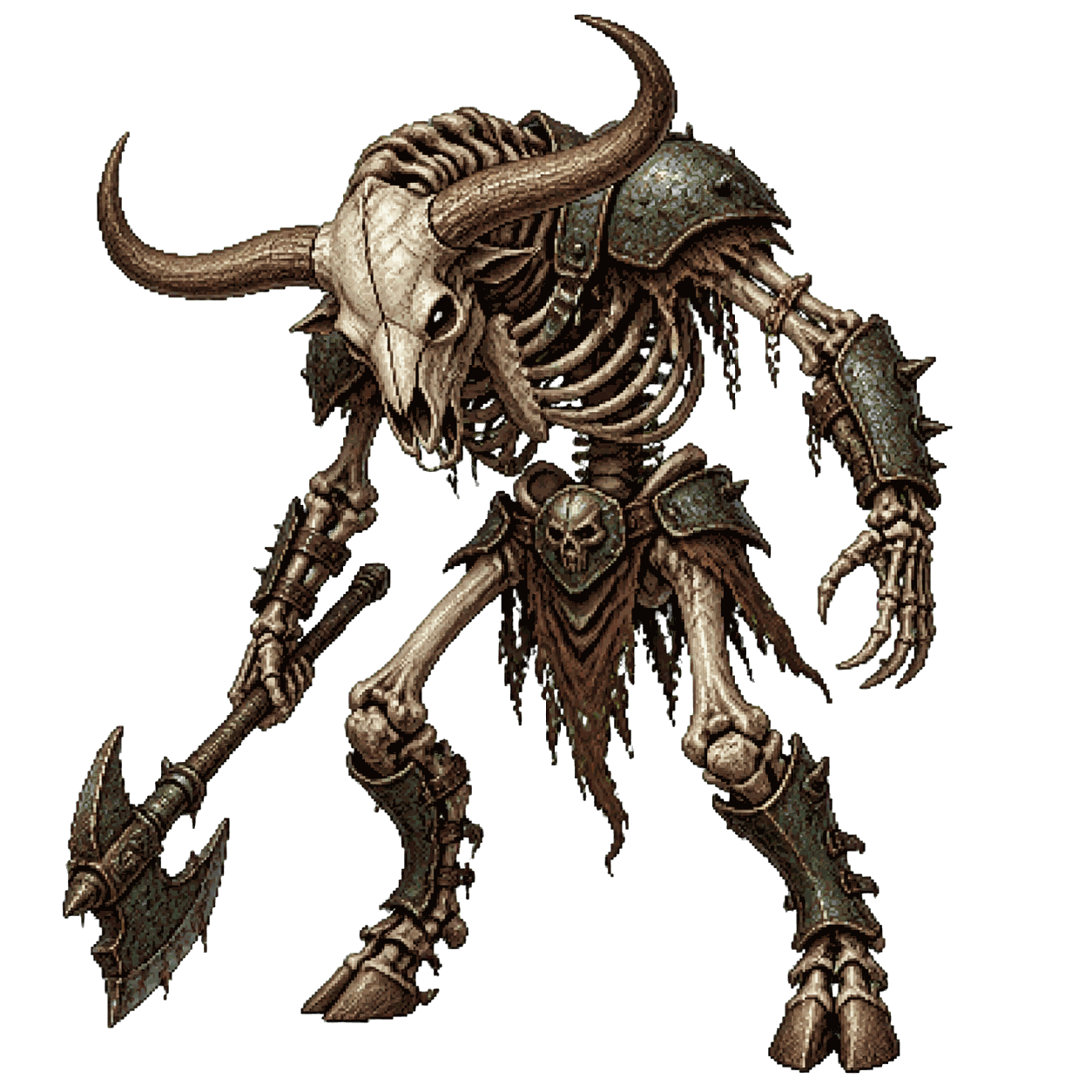 Static high-resolution pixel-art portrait of Minotaur Skeleton.