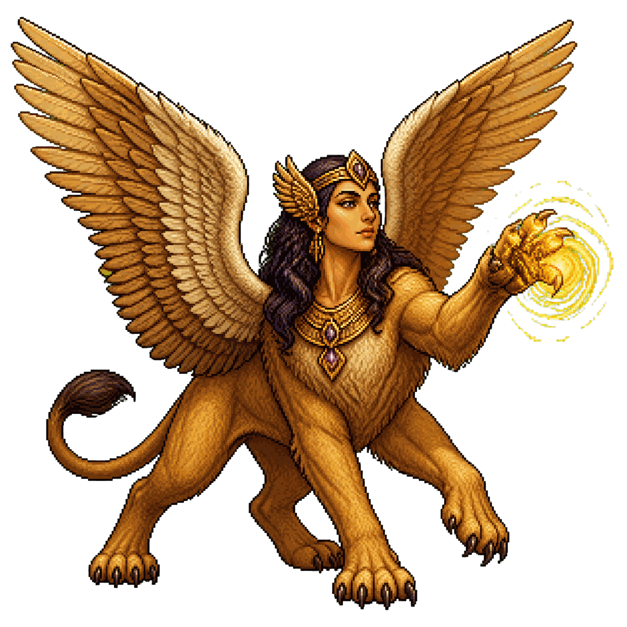 Static high-resolution pixel-art portrait of Sphinx of Lore.